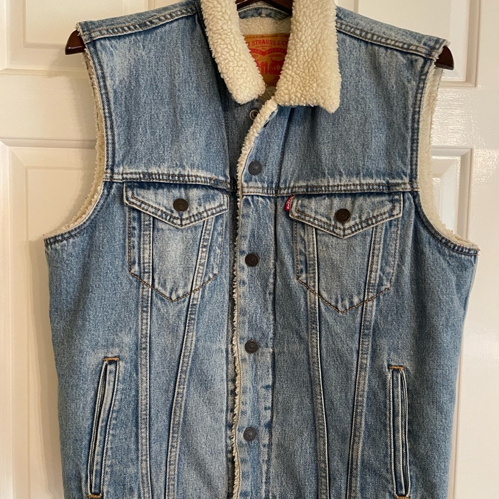 Levi's Blue and White Denim Vest with Sherpa Collar